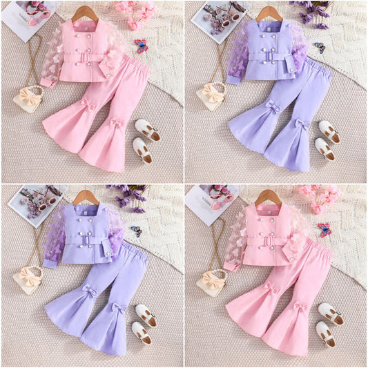 Fashion Mesh Sleeve Top Bell-bottom Pants Children's Suit
