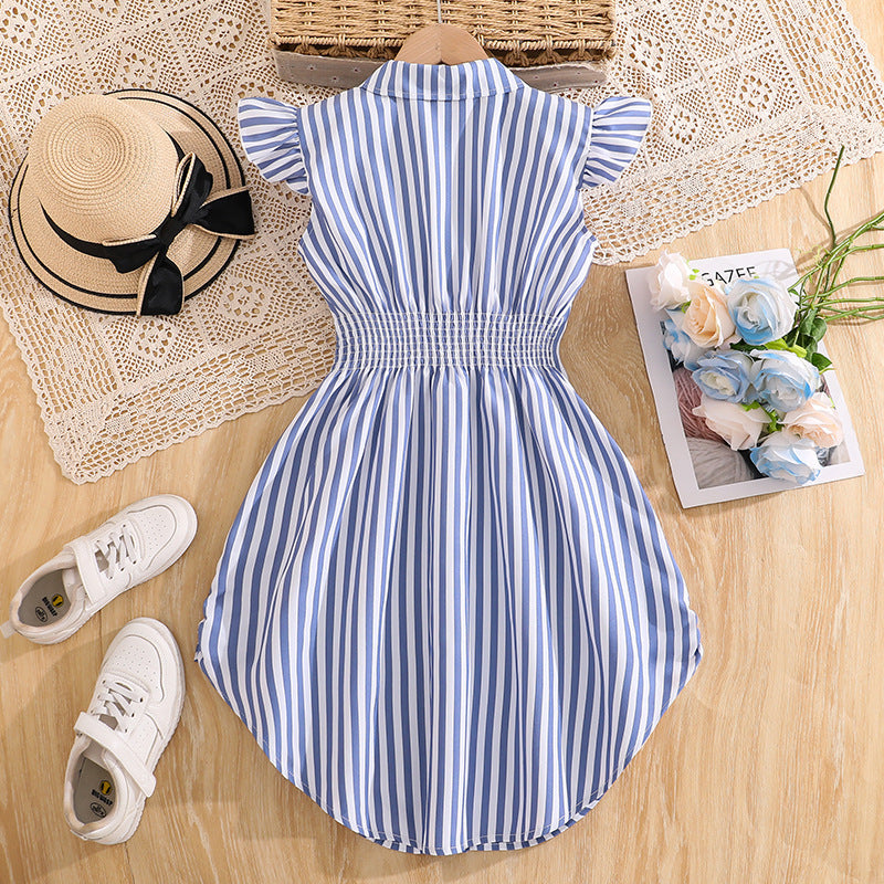 Elegant Striped Flying Sleeves Fitted Waist Children's Dress
