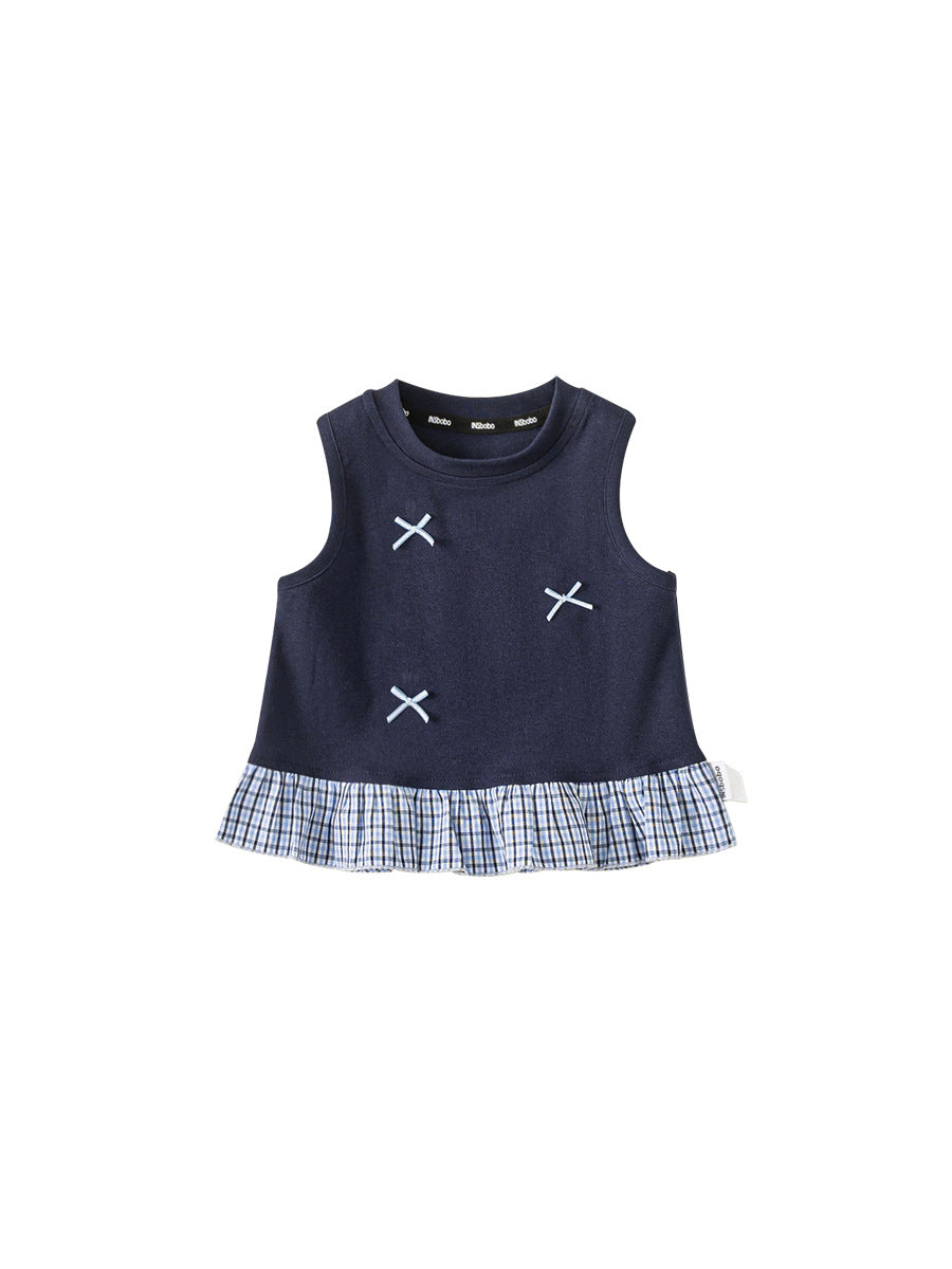 Children's Round Neck Korean Top Plaid Patchwork Clothes Bow Children's T-shirt