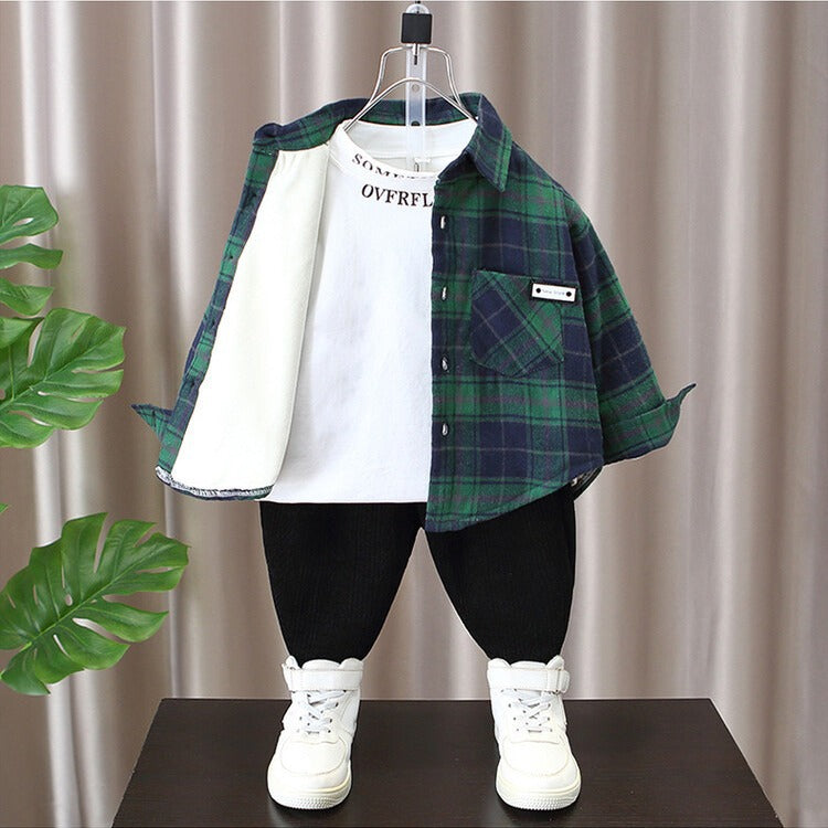 Children's Plaid Thin Brushed Ruffle Handsome Long Sleeve Children's Shirt