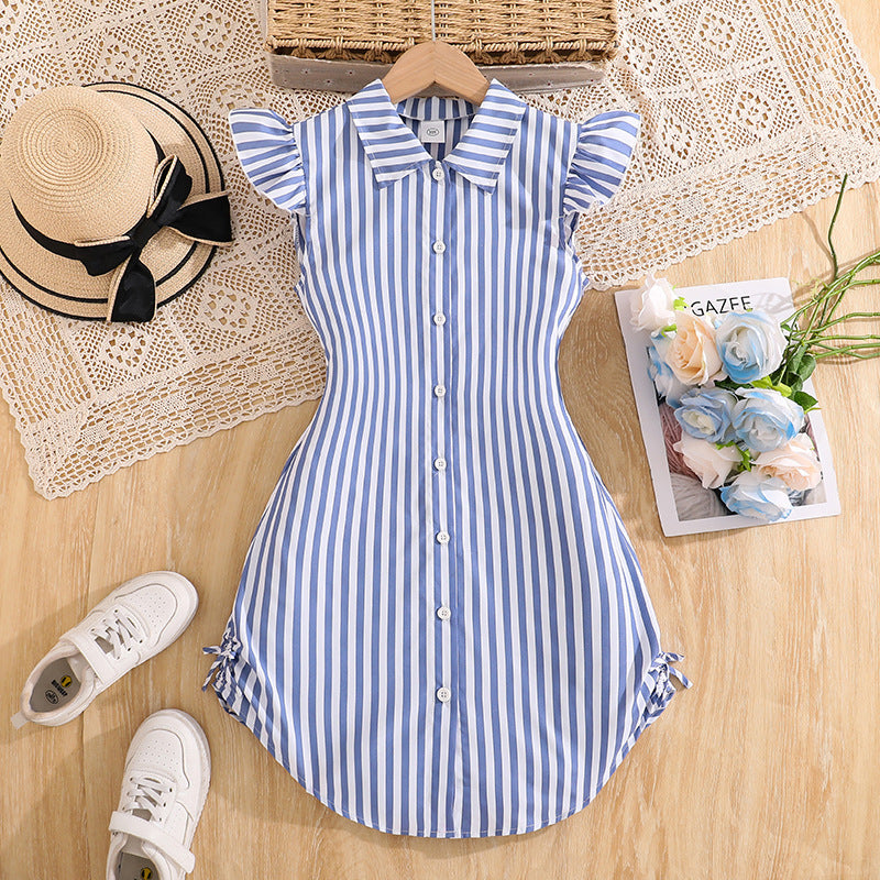 Elegant Striped Flying Sleeves Fitted Waist Children's Dress