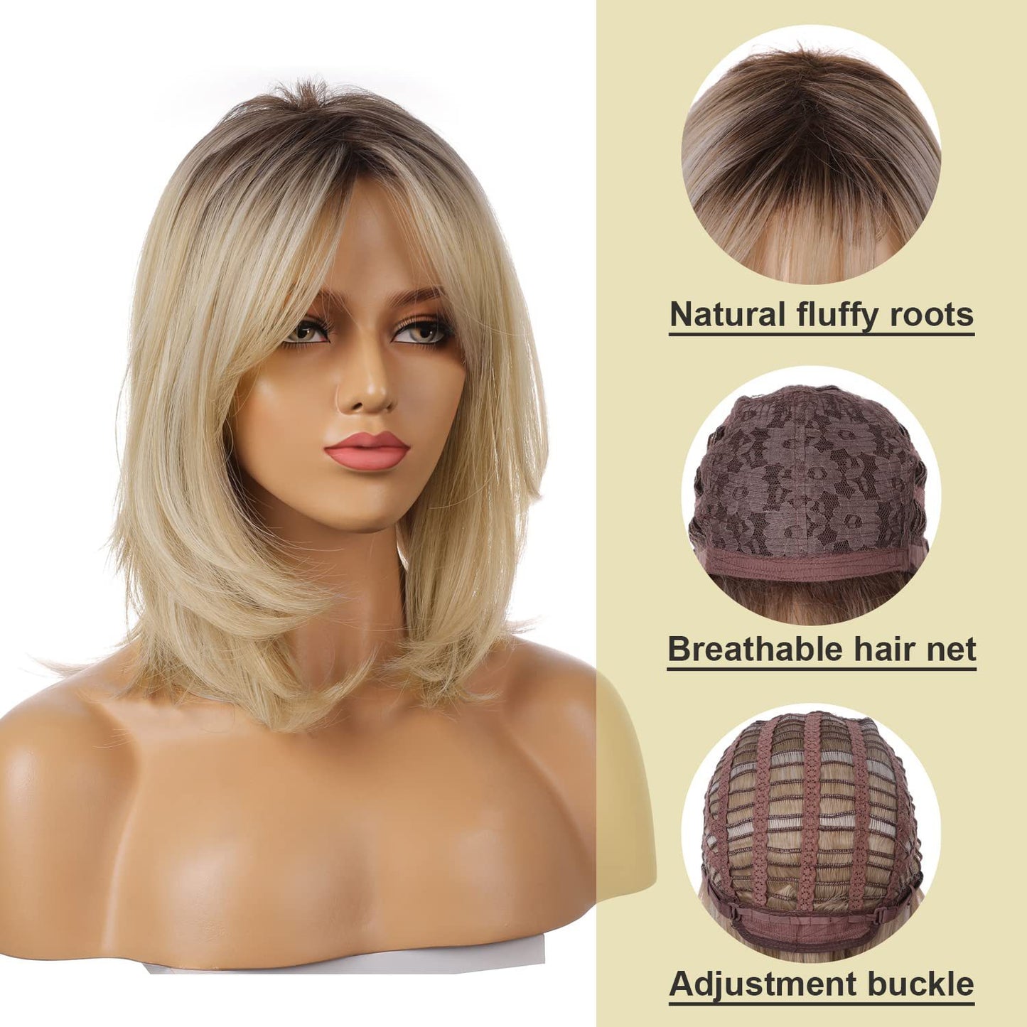 Women's Bangs White Gold Color Gradient Level Straight Wig Short Curly Hair