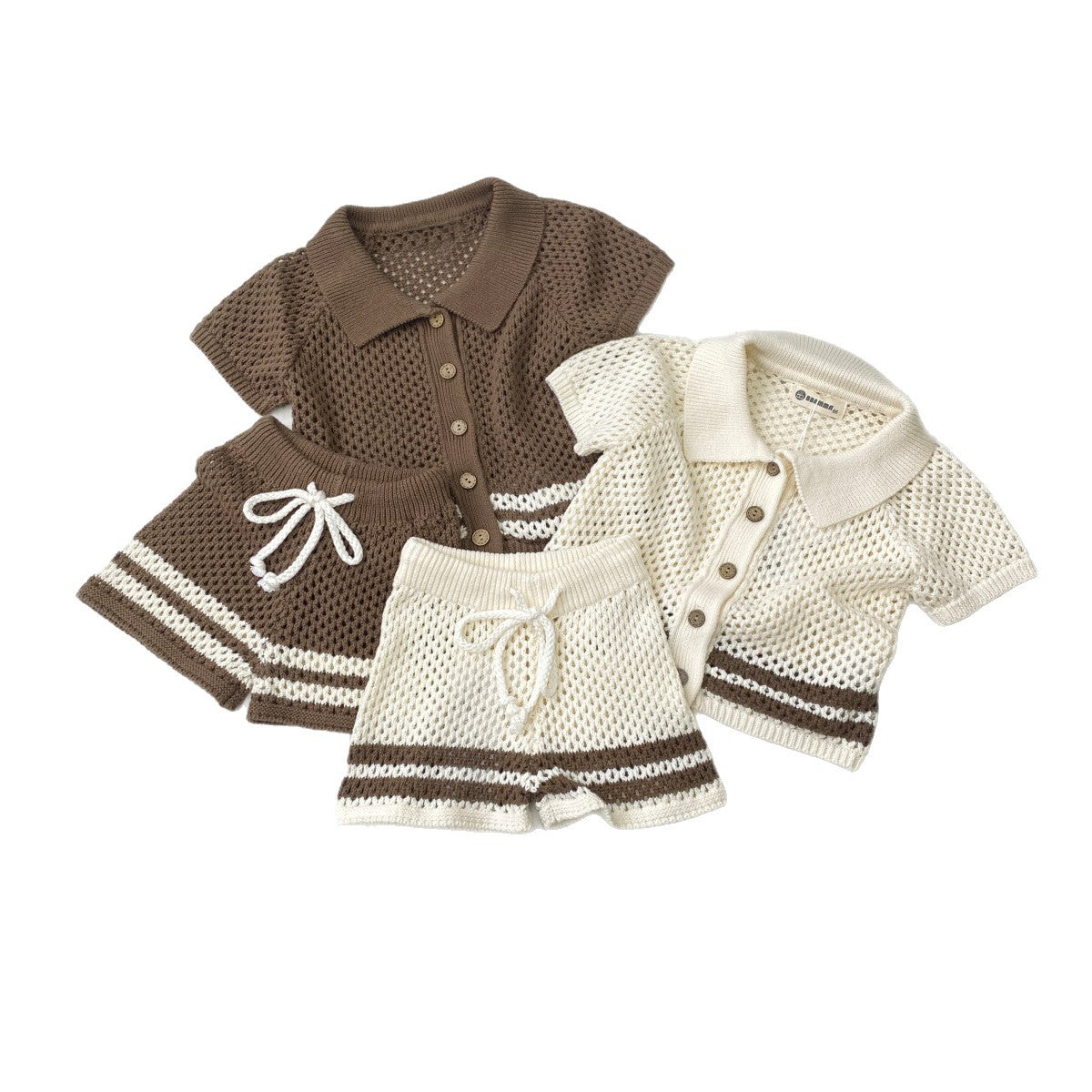 Summer Hollow Lapel Knitted Crocheted Sweater Cardigan Shorts Children's Suit