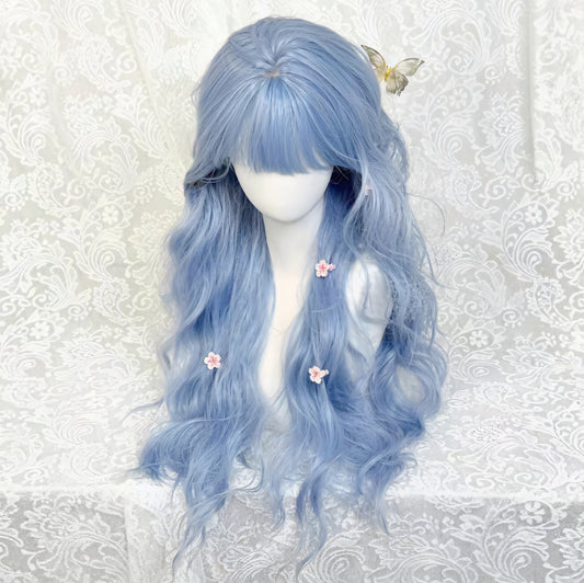 Blue Female Straight Bangs Curly Hair Water Wig Long Curls