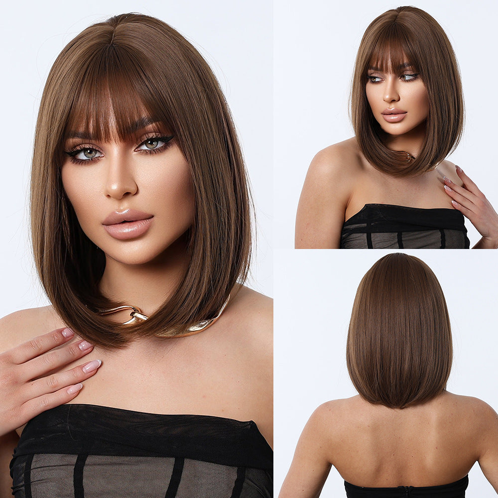 Fashion Dark Brown Mid-length Straight Bangs Wig Short Curly Hair