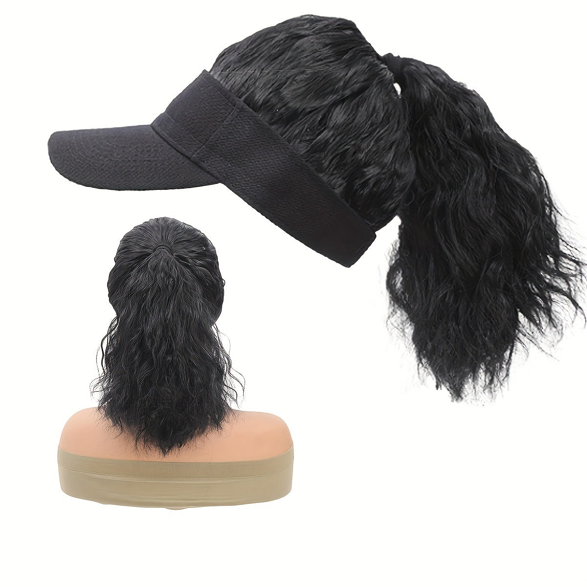 Women's Hat Black Cap Ponytail Integrated Synthetic Corn Curler Horse Wig Long Curls