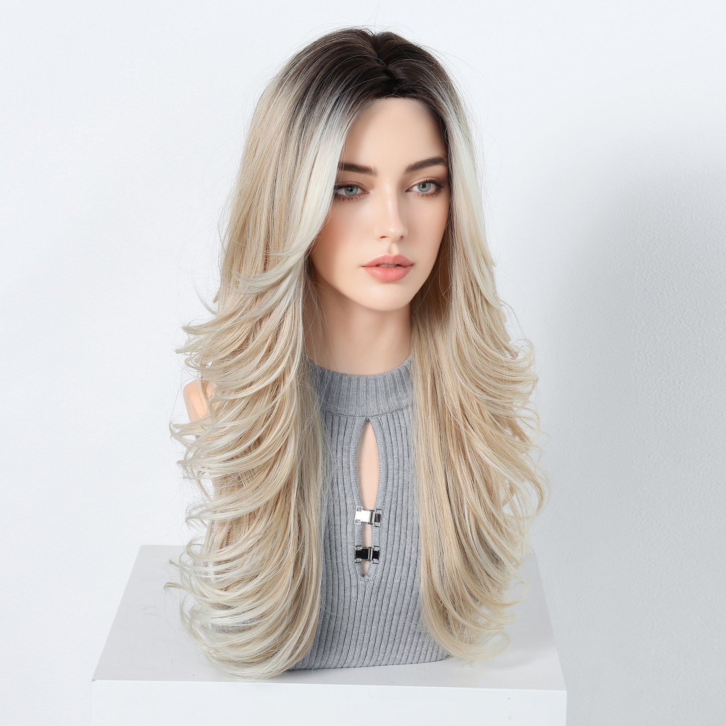 Gradient Platinum Curly Bangs Fluffy Natural Fiber Wig Long Curls