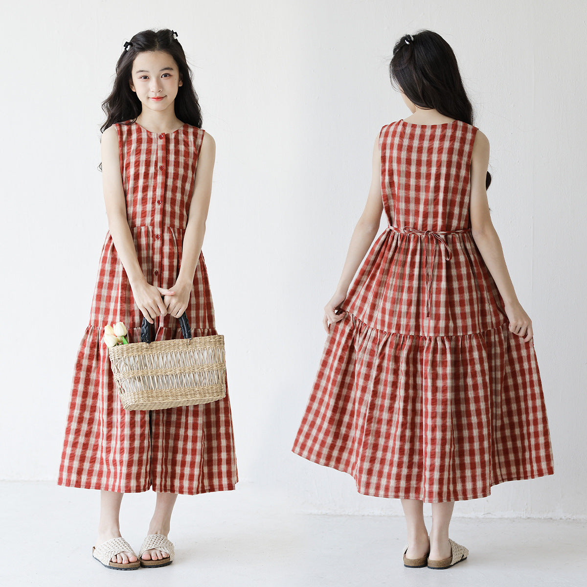 Long Sleeveless Bandage Medium Big Korean Style Retro Dark Red Children's Dress