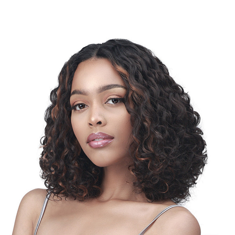 Women's Front Lace Small Black Wrapped African Synthetic Wig Short Curly Hair