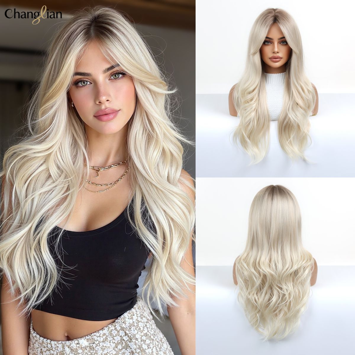 White Gold Color Highlight Big Wave Curly Hair Wig Long Curls