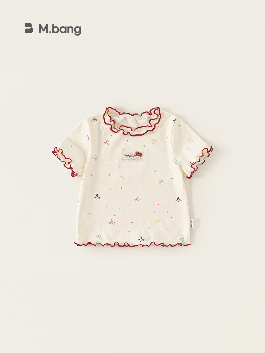 Children's Short-sleeved Contrast Color Wooden Ear Summer Clothes Sweet Bow Children's T-shirt