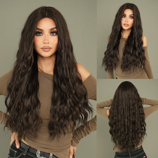 Black Hair Body Wave Curly Middle Part Natural Chemical Wig Long Curls