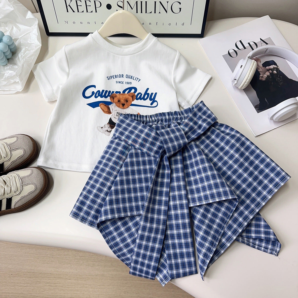 Summer Korean Short-sleeved T-shirt Irregular Plaid Children's Suit
