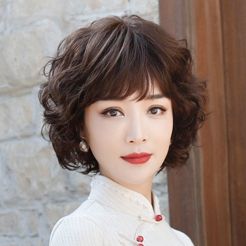 Women's Real Full Human Sheath Mother Natural Wig Short Curly Hair