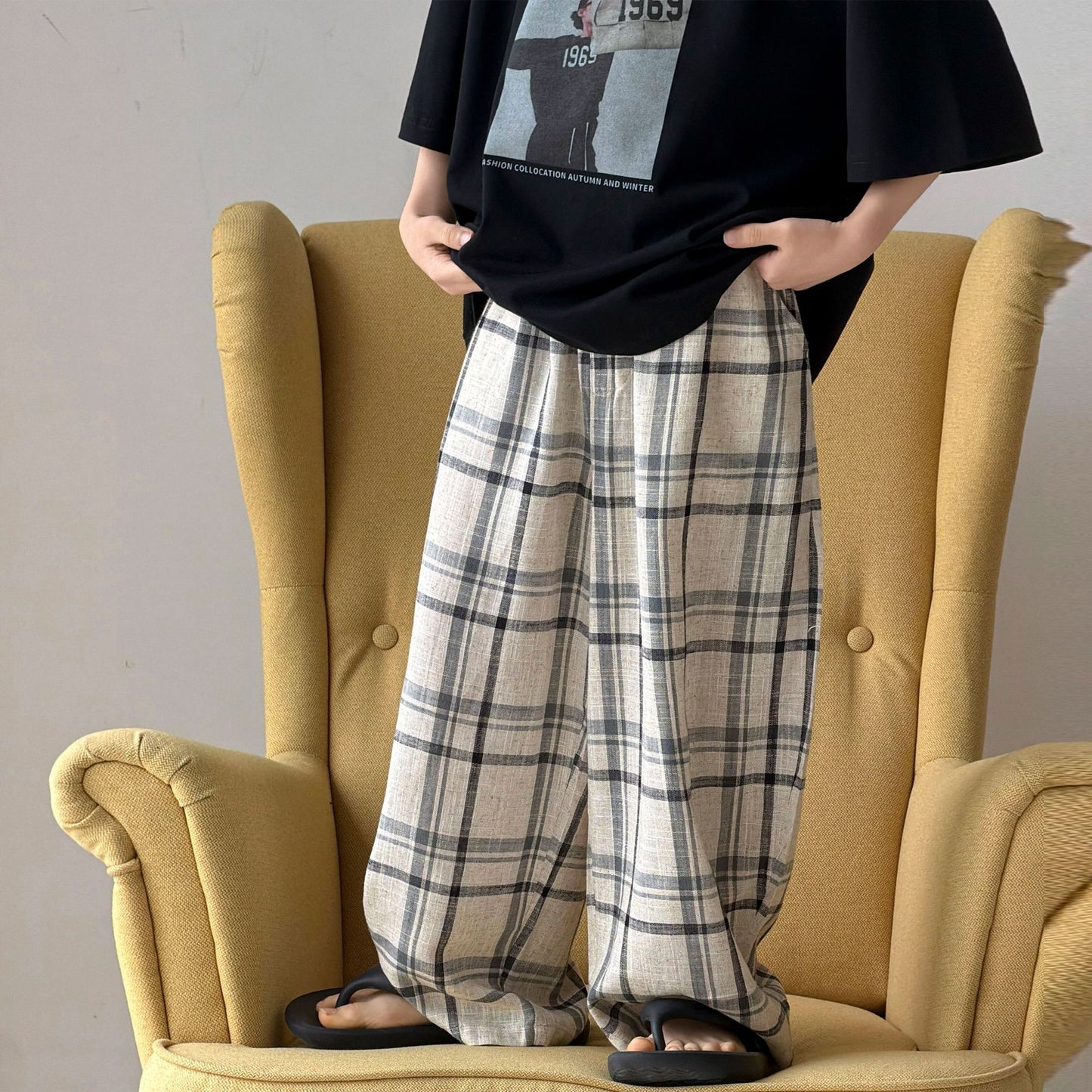 Children's Summer Cotton Linen Plaid Trousers Lightweight Loose Children's Pants