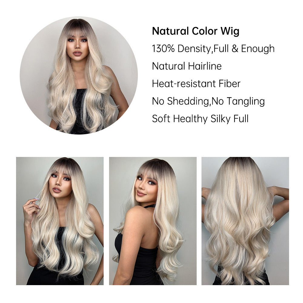 Straight Bangs Curly Hair Gradient White Gold Color Mechanism Wig Long Curls