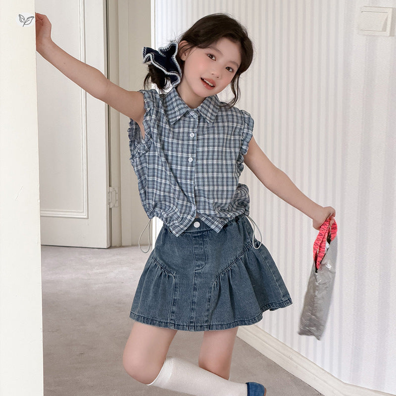 Summer Sleeveless Plaid Shirt Denim Skirt Children's Suit