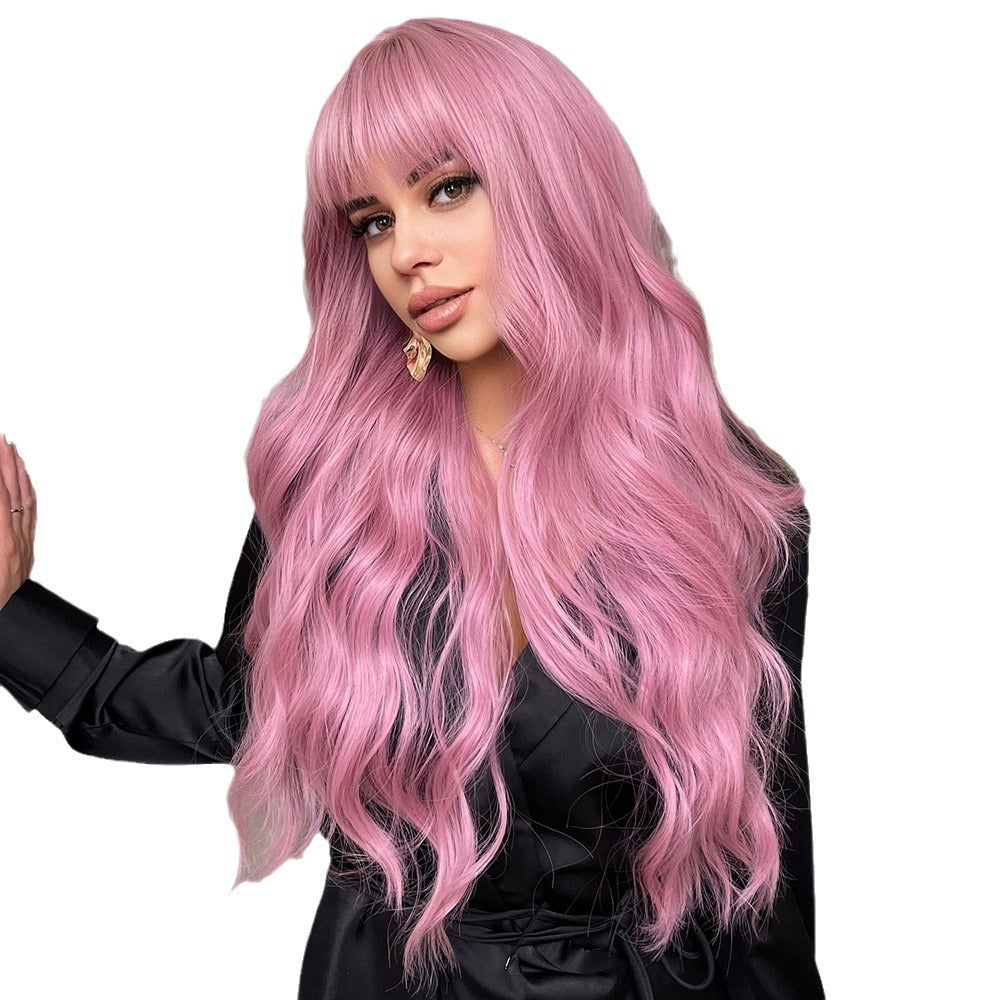 Women's Pink Wigs With Bangs Wave Synthetic Wig Long Curls