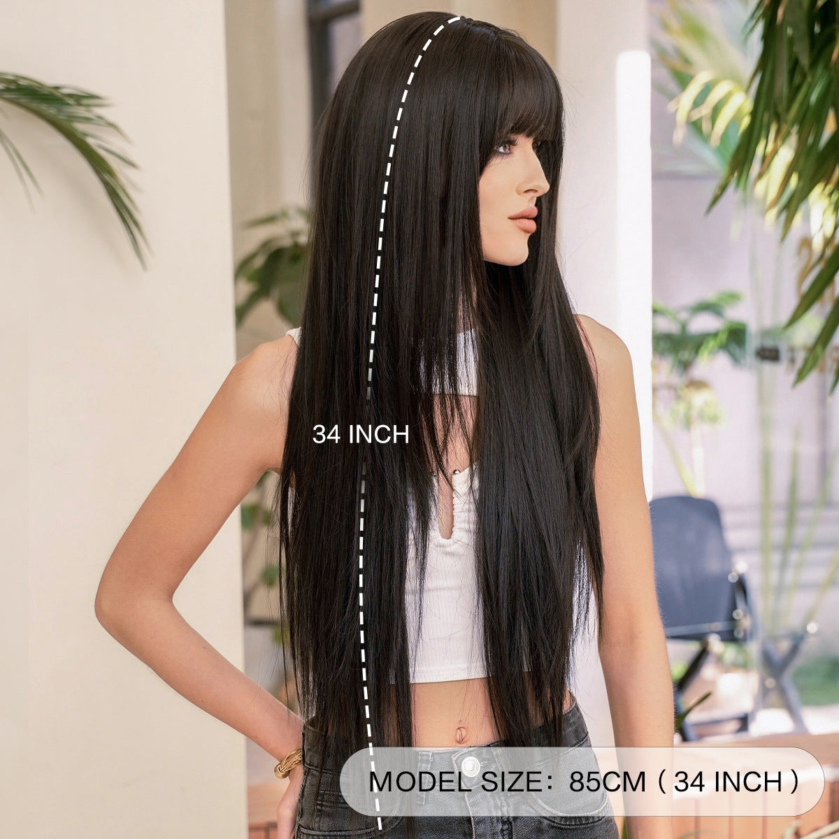 Black Full Top Bangs High Quality Chemical Long Straight Wig