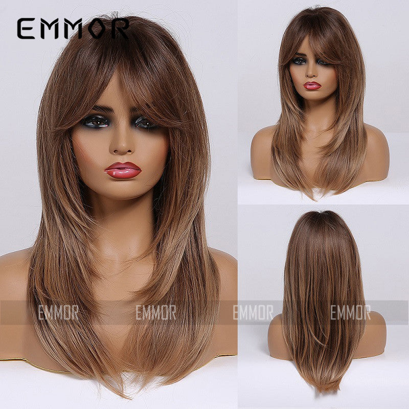 Gradient Gold Black Brown Mid-length Straight Hair Wig Long Curls