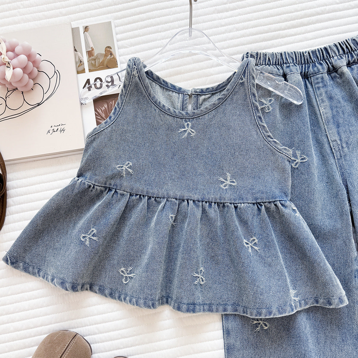 Summer Korean Style Denim Skirt Trousers Two-piece Washed Children's Suit
