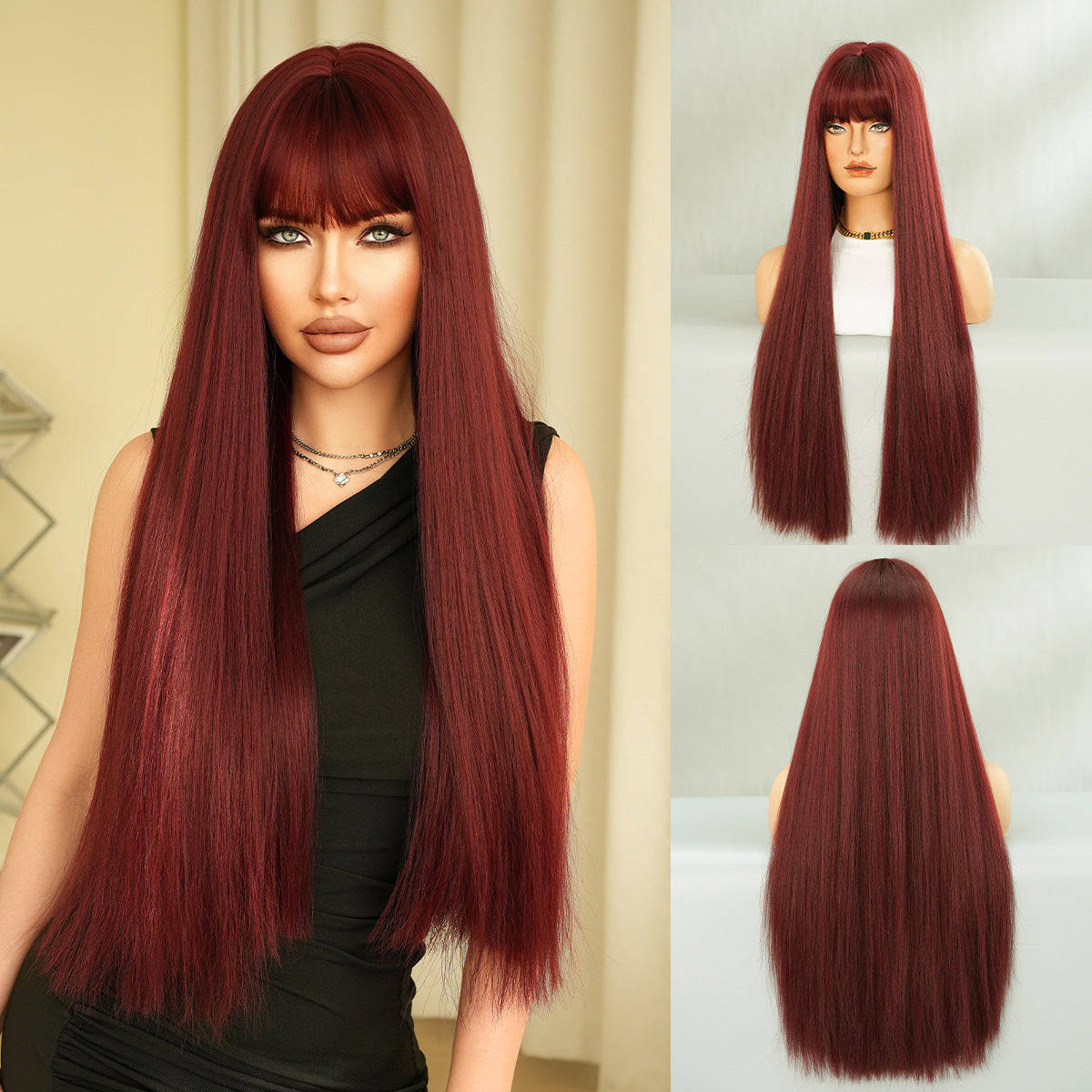 High Quality Super Hair Female Bangs Daily Black Long Straight Wig