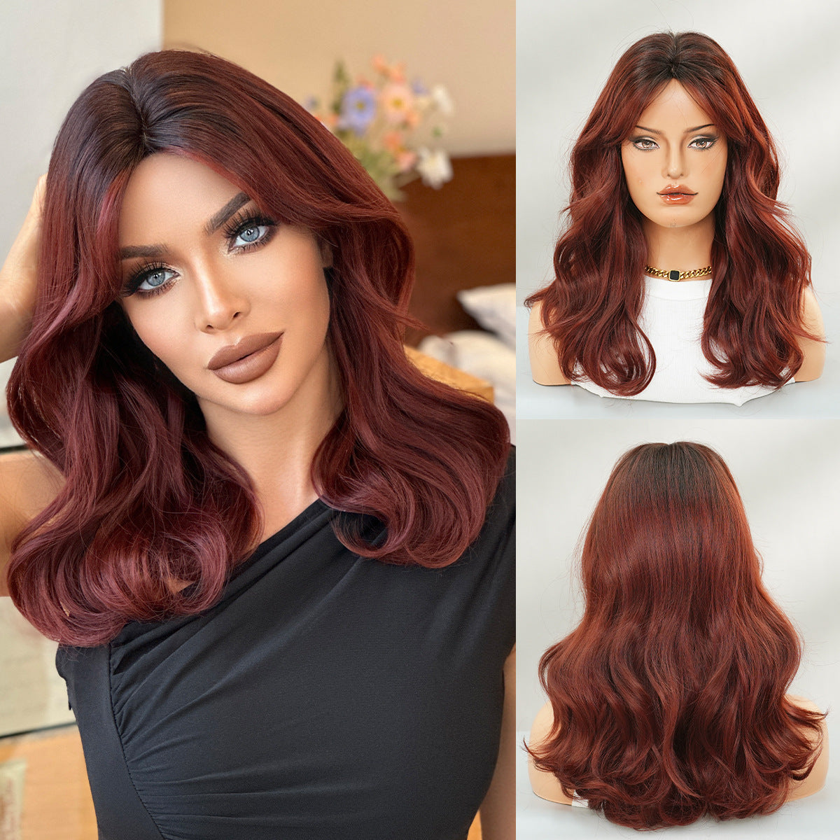 Women's Wine Red Natural Bangs High Quality Wig Short Curly Hair