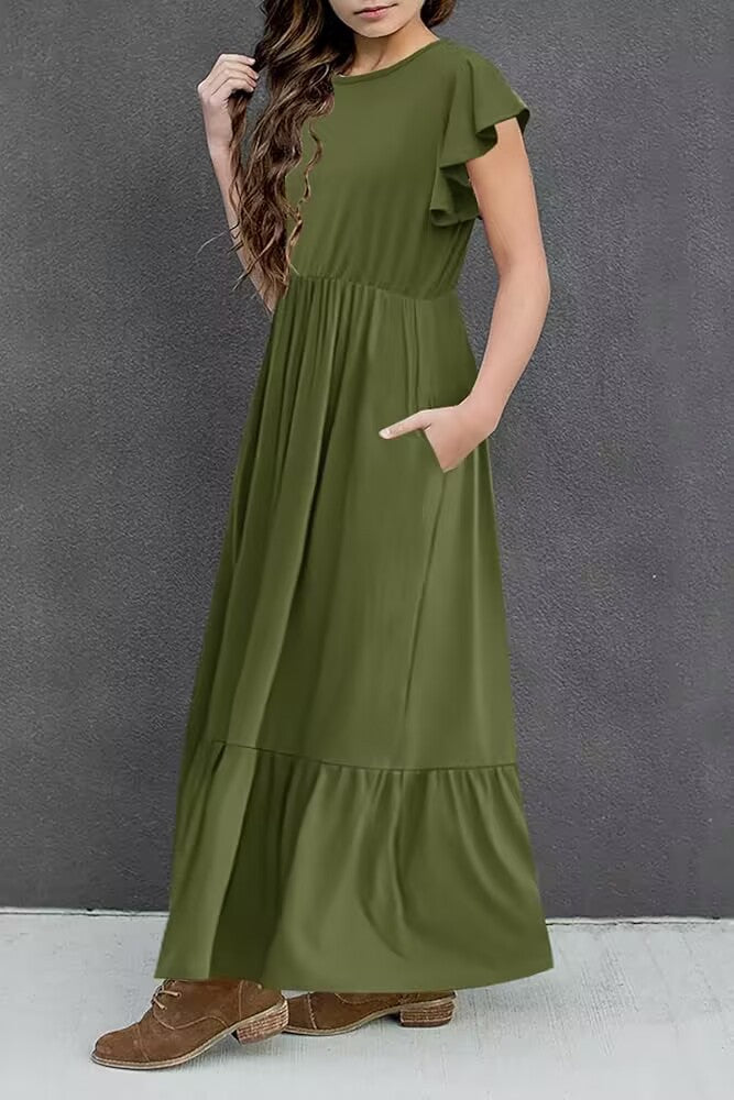 Crew Neck Casual Elegant Layered Super Long Children's Dress