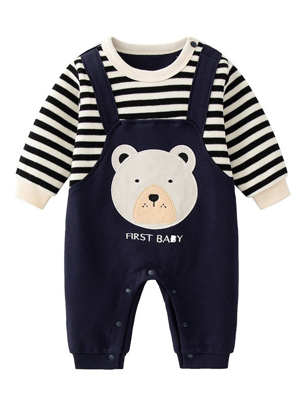 Striped Embroidered Bear Fleece-lined Jumpsuit Class Born Rompers Jumpsuit, Climbing Suit