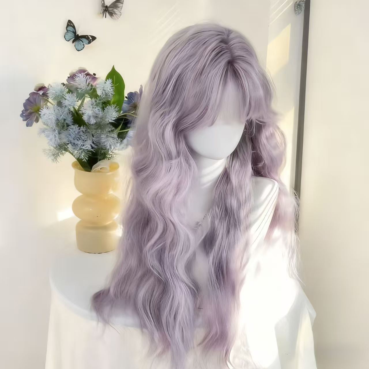 Hair Greyish Purple Water Ripple Less Wig Long Curls