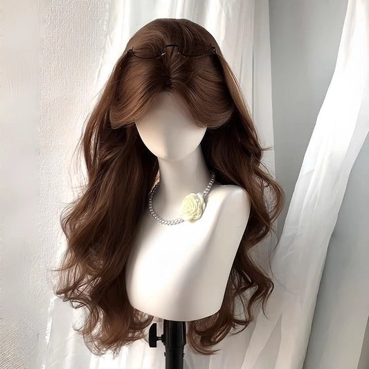 Female Natural Big Wave Bangs Medium Points Fluffy Curly Hair Wig Long Curls