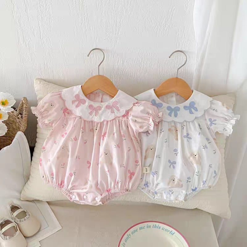 Children's Style Summer Bow Flower Embroidered Dress Rabbit Printed Thin Short Jumpsuit, Climbing Suit