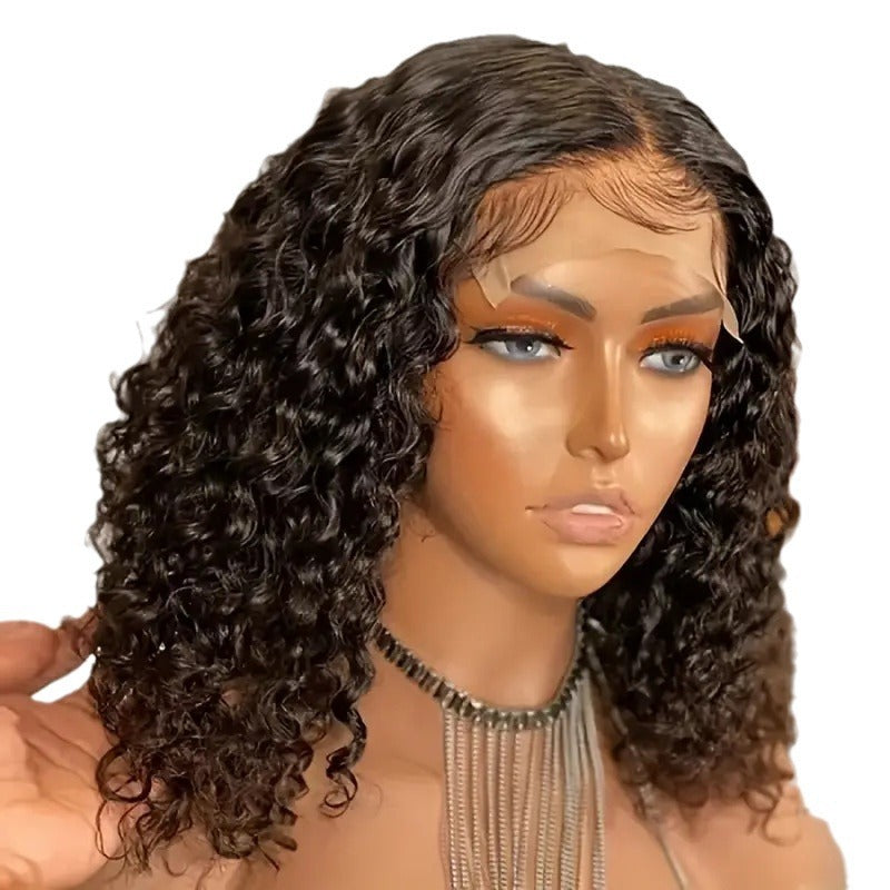 Women's Small Lace Head Natural Black Medium Chemical Fiber Cover Wig Short Curly Hair