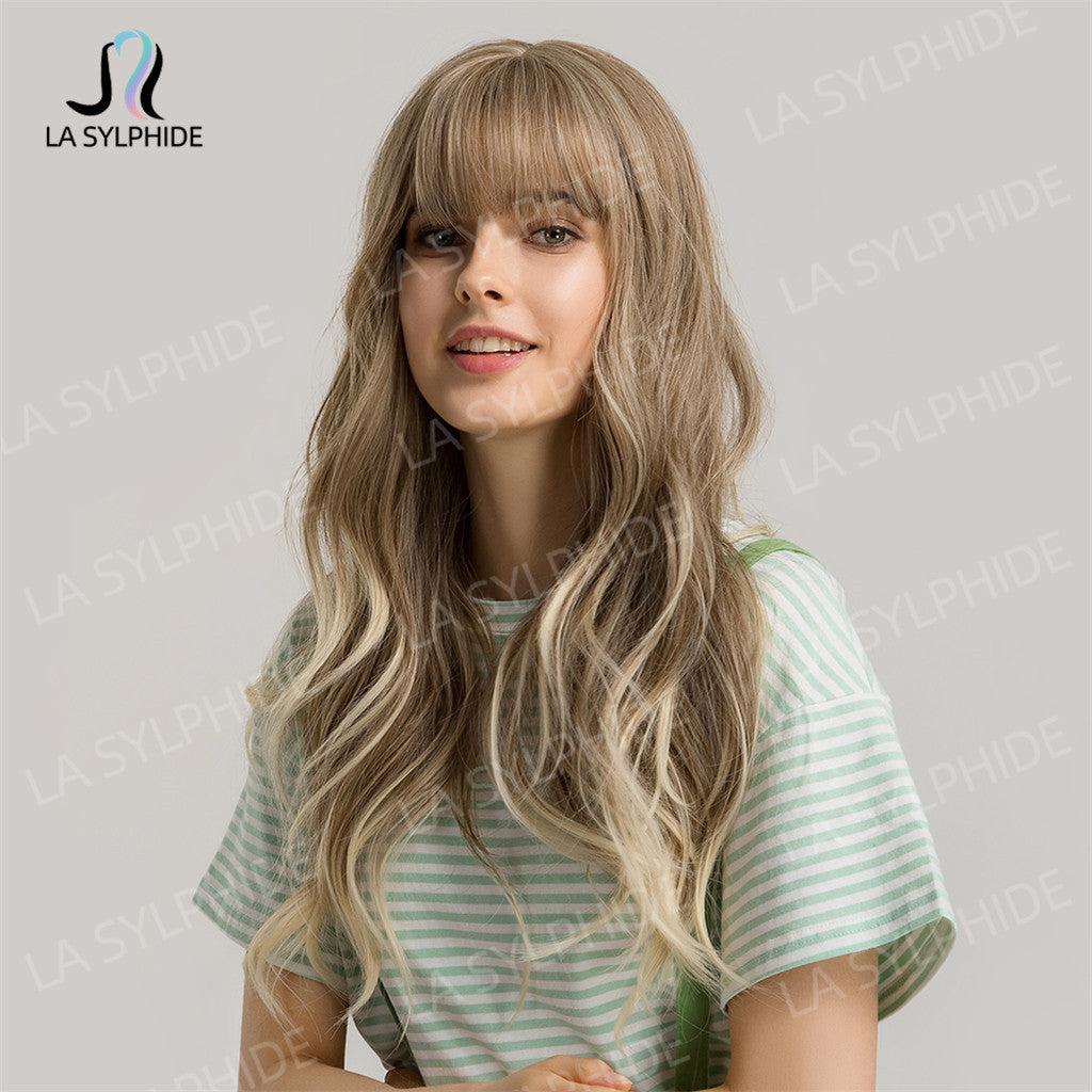 Female Mechanism Synthetic Wigs Golden Gray Bangs Curly Wig Long Curls