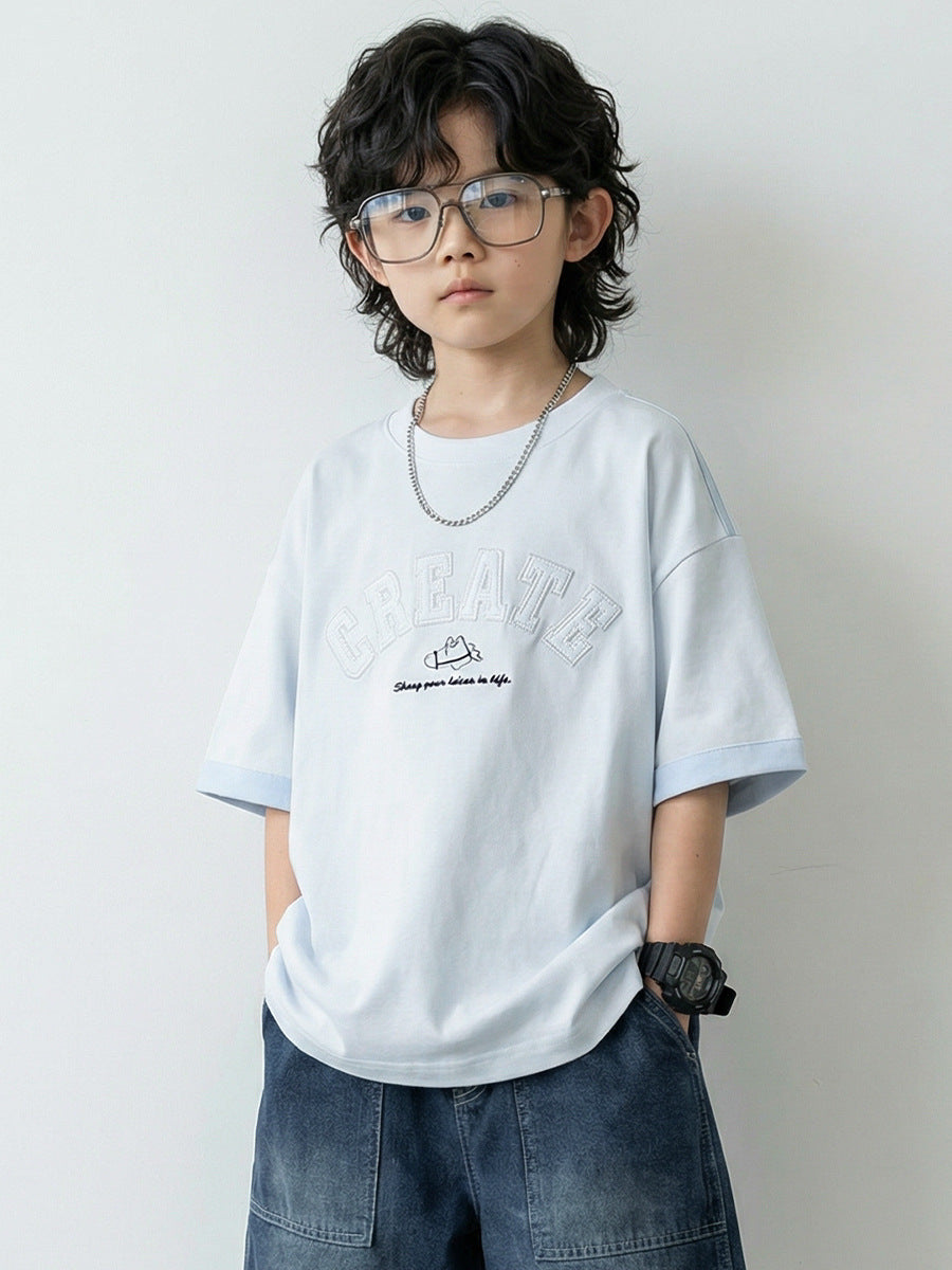 Children's Short-sleeved Summer Cotton Round Neck Top With Letters Embroidered Loose Children's T-shirt
