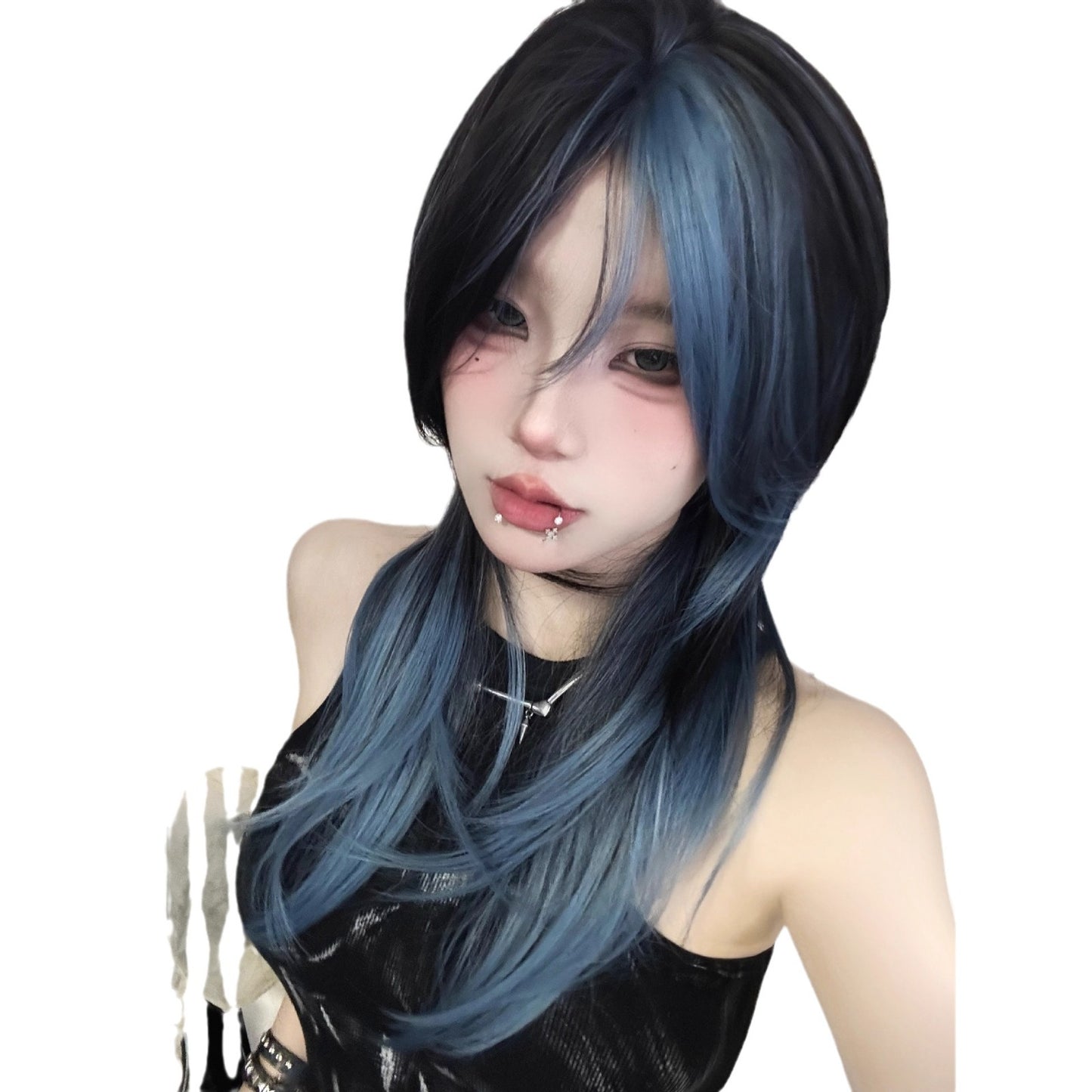 Women's Gradient Dark Blue Bangs Female Wolf Tail Layered Hair Natural Long Straight Wig