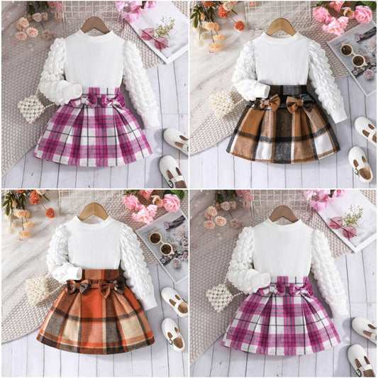 Puff Sleeve Top Plaid Skirt Fashion Children's Suit