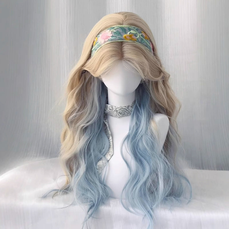 Female Platinum Color Gradient Blue Mid-length Bangs Curly Hair Natural Wig Long Curls