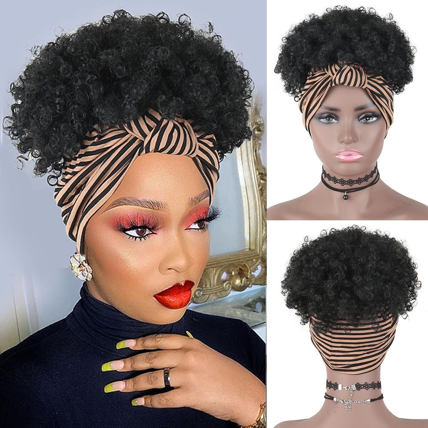 Women's African Fashion Black Small Turban Head Cover Hand Wrap Wigs Wig Short Curly Hair