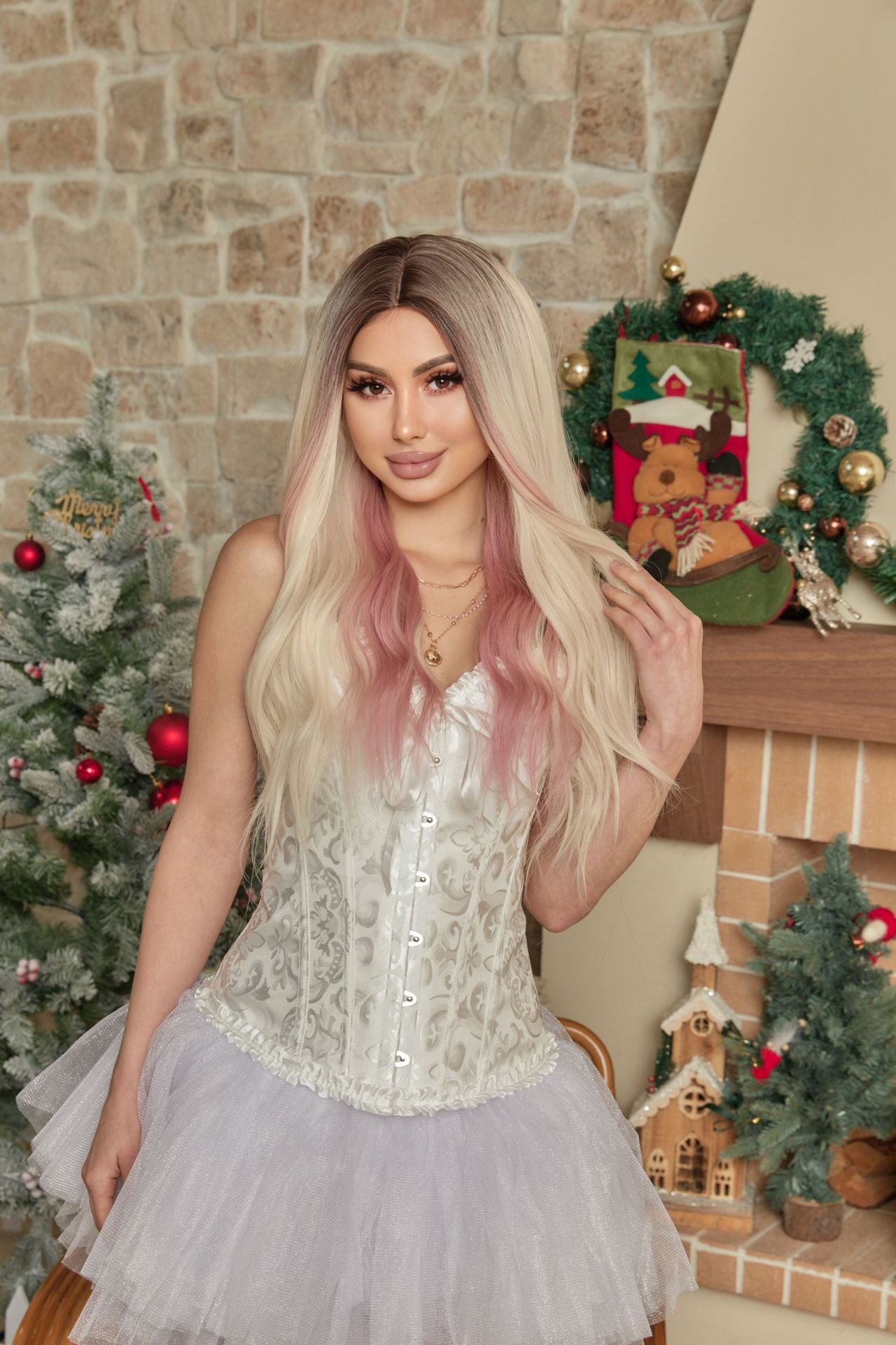 Mid-length Curly White Gold Color Big Wave Hair Chemical Fiber Wig Long Curls