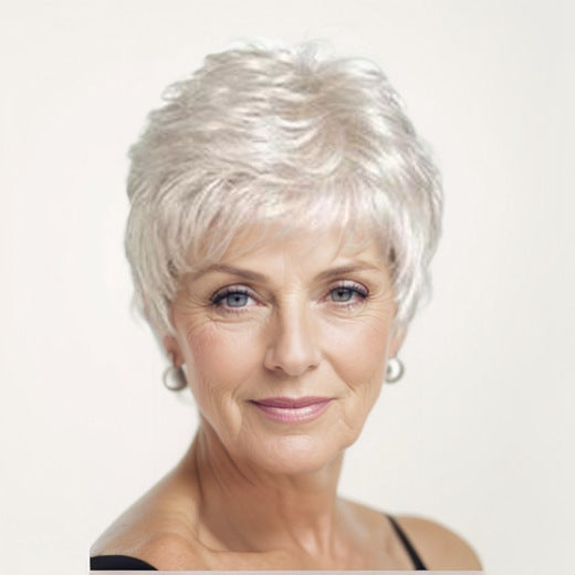 Women's Sier White Side Bangs Partial Points Wig Short Curly Hair