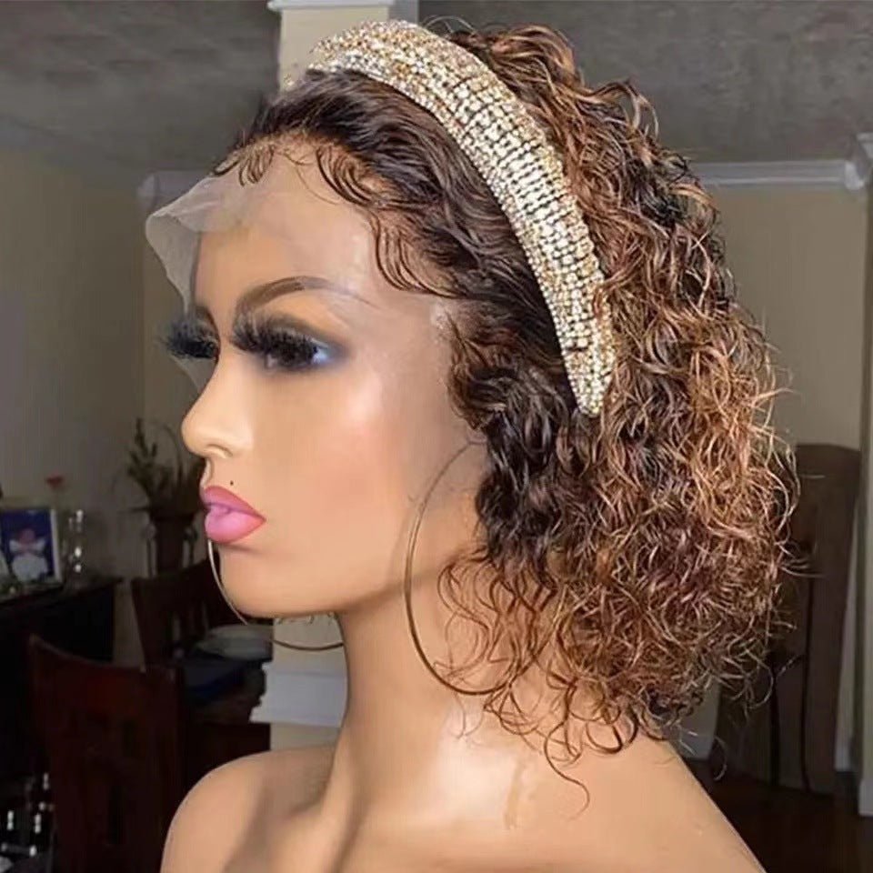 Innovative Front Lace Golden Gradient Sheath Wig Short Curly Hair