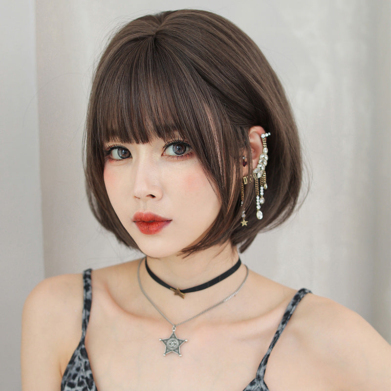Female Head Round Face Synthetic Wigs Bangs Wig Short Straight Hair