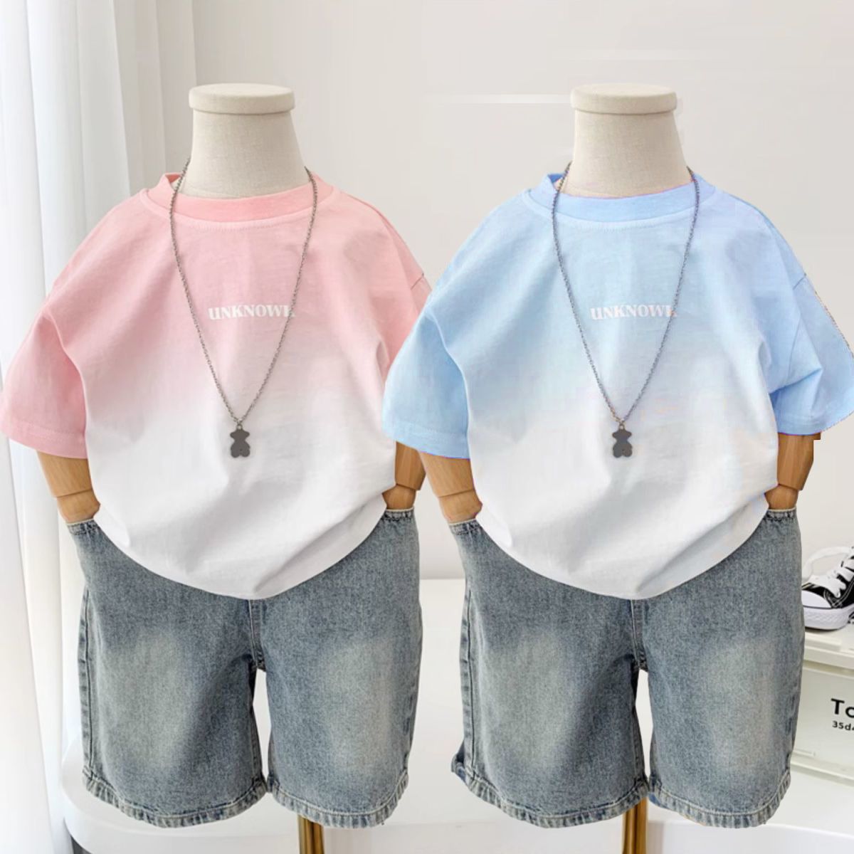 Boys Summer Thin Western Style Pink Gradient Short Children's T-shirt