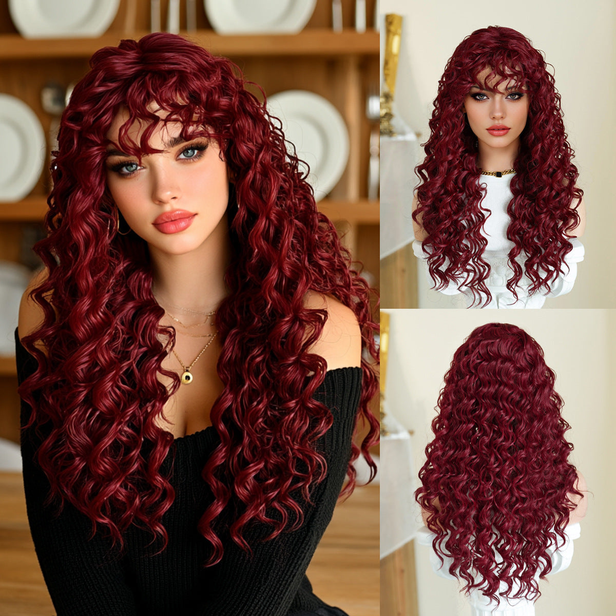 Fashion Fluffy Natural Air Bangs Small Roll Rose Net Head Wig Long Curls