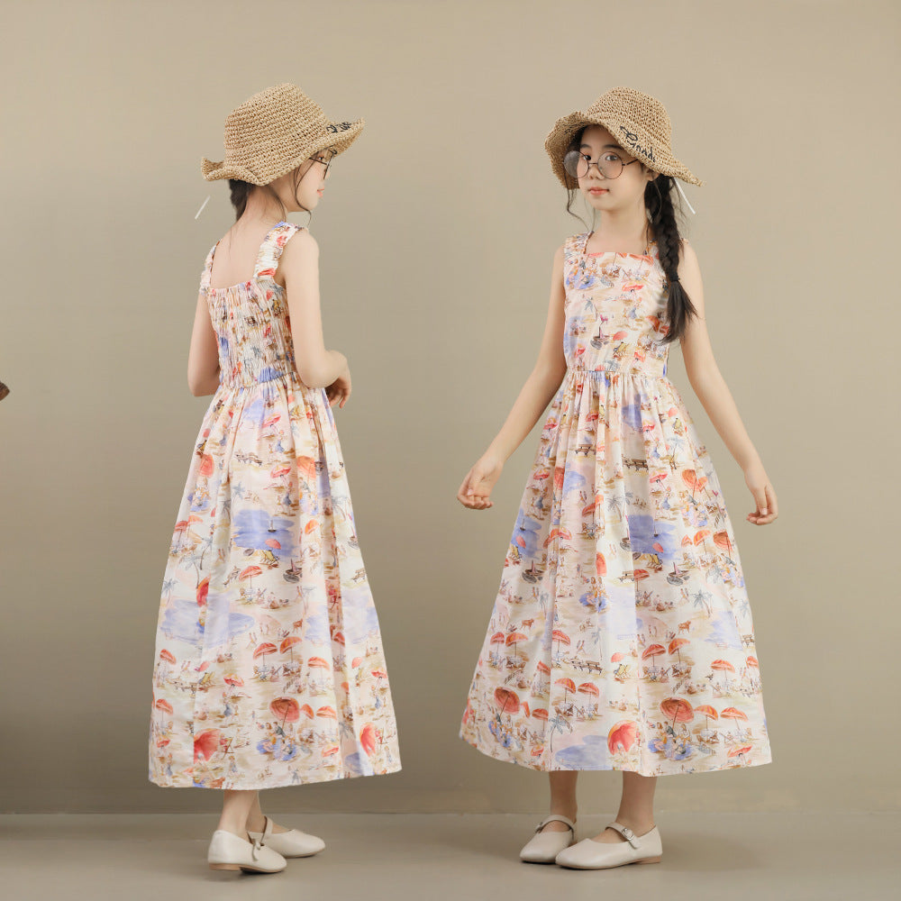 Summer Strap Beach Middle Big Floral Children's Dress