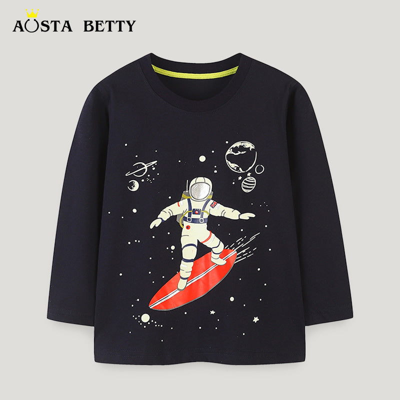 Cotton Long Sleeve Autumn Trendy Astronaut Star Print Boy Luminous Children's T-shirt