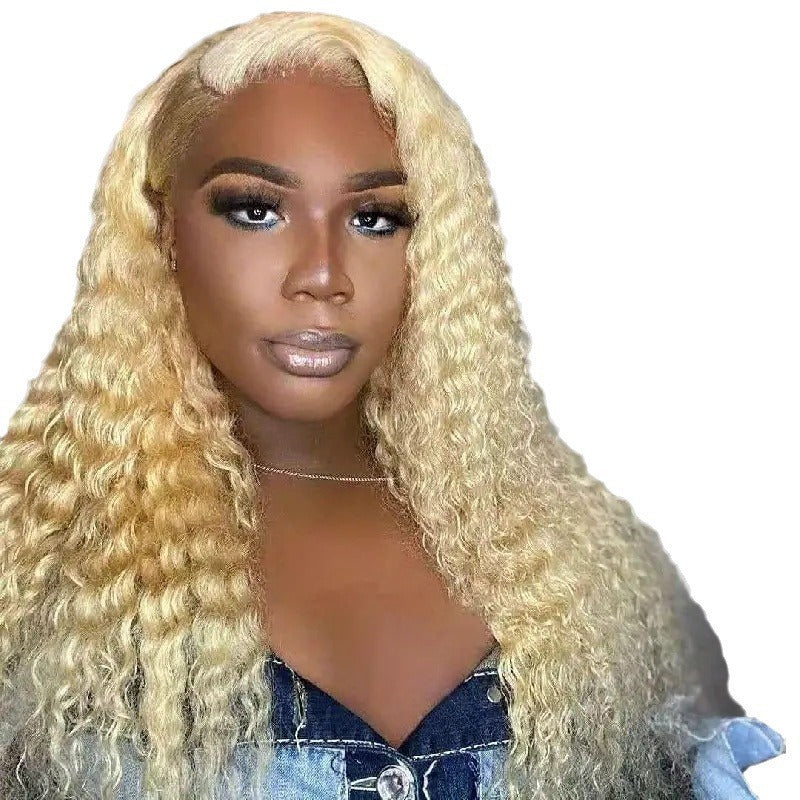 Women's Lace Light Gold Wigs With Small Curly Hair Medium Points Wig Long Curls