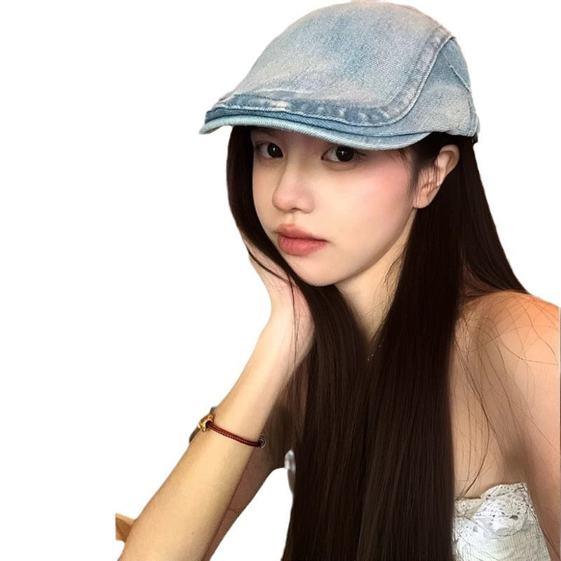Women's Blue Forward Hat Straight Short Hair One Retro Natural Simulation Wig Long Curls