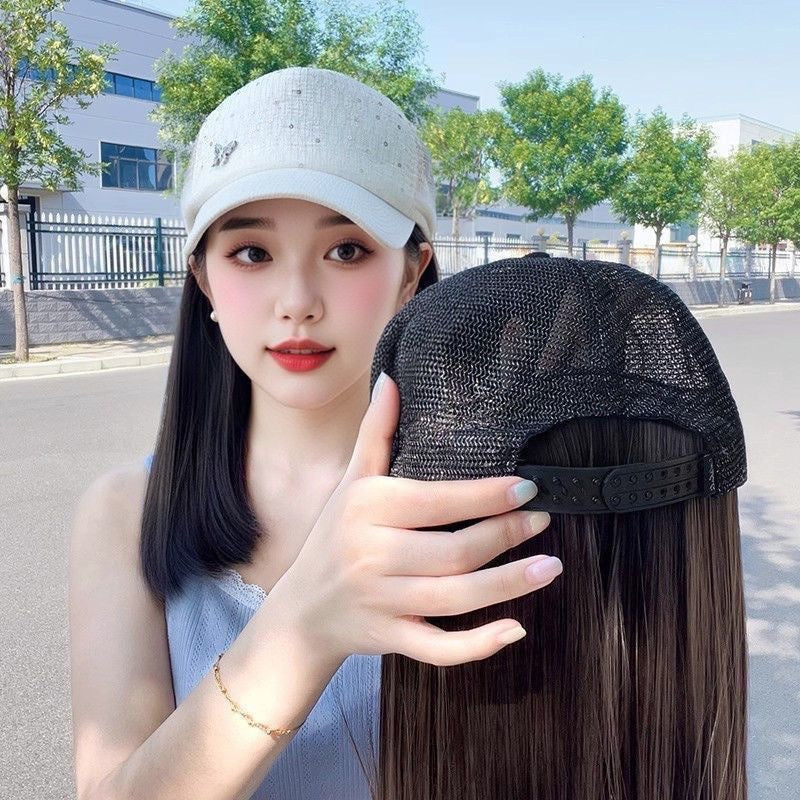 Hollow Inner Buckle Baseball Cap Collarbone Net Long Straight Wig